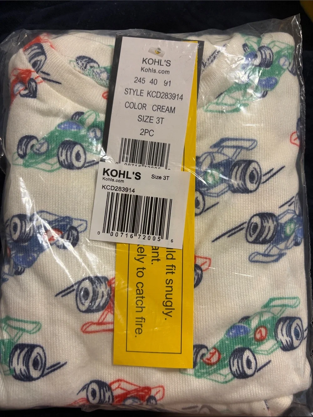 Cuddl Duds Toddler Snug Fit Long Sleeve Pajama Set with Red, Blue & Green Cars